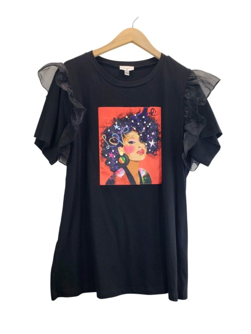 Graphic T-Shirt Black 2X Gemstone Woman Sheer Organza Ruffle Sleeves Fx Pearls